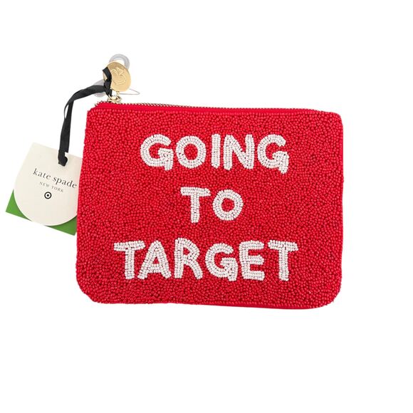 Kate Spade New York GOING TO TARGET Beaded Clutch Red White Cotton Pockets NWT - Picture 3 of 12